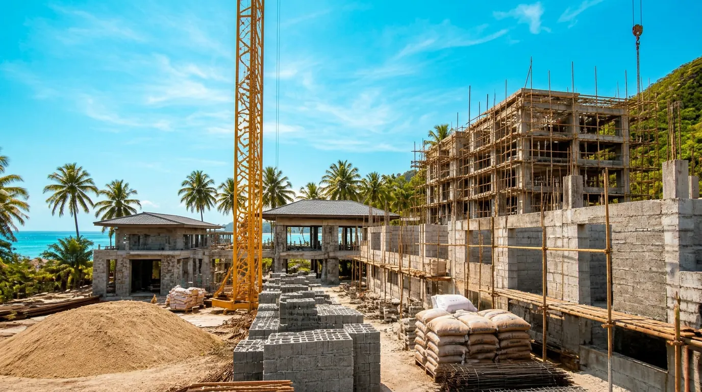 Luxury resort and apartment buildings under construction in Zanzibar with concrete blocks, steel rebar, cement and aggregate on site